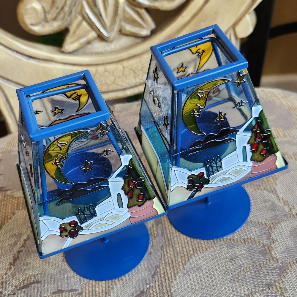 Vintage set of stain glass tea light holder lamps
